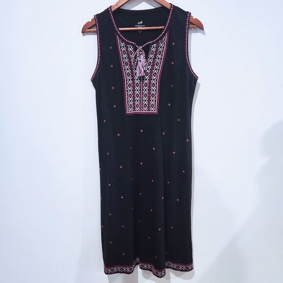 J. Jill Black Embroidered Sleeveless Knit Dress Size Small Tassels Aztec Western - Picture 1 of 7